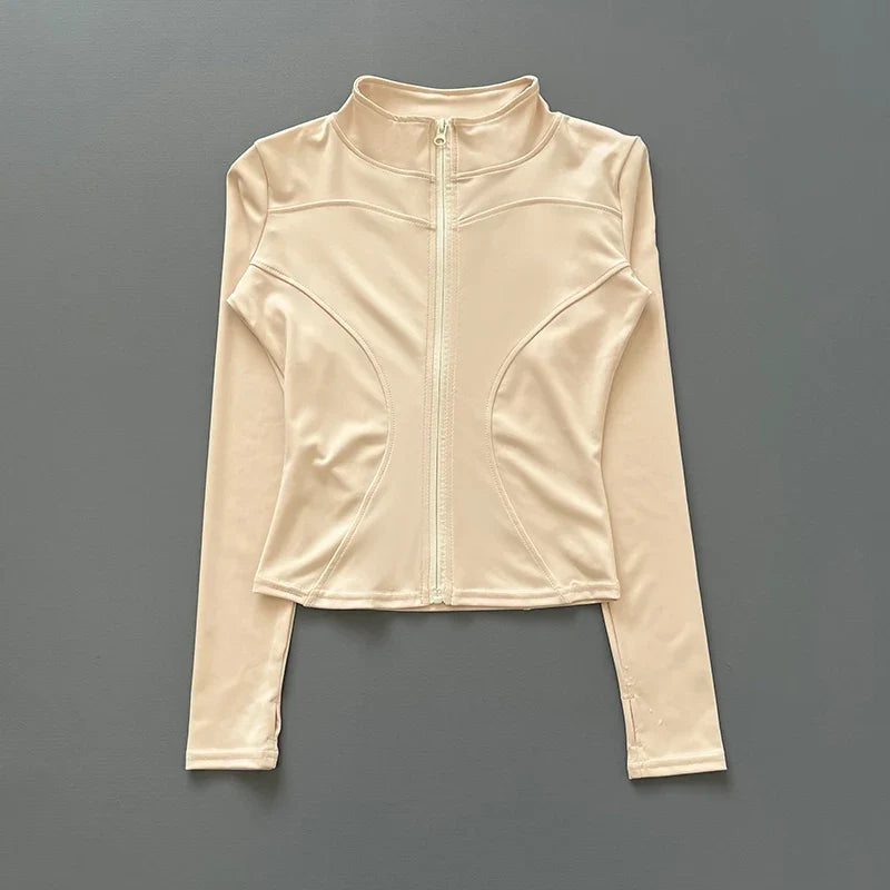 Chaqueta deportiva con cremallera para mujer, cuello alto, mangas largas y orificios para los pulgares, para entrenar