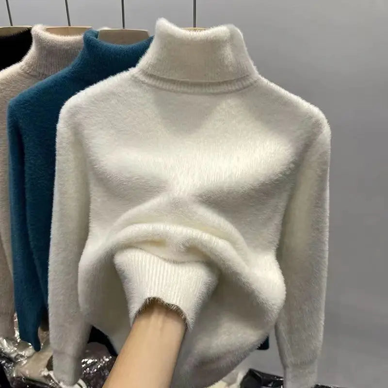 Pull col roulé doux et chaud en tissu effet peluche pour femme