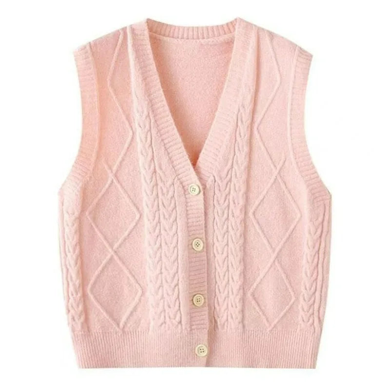 Gilet smanicato da donna in maglia lavorata a punto rasato con scollo a V e bottoni