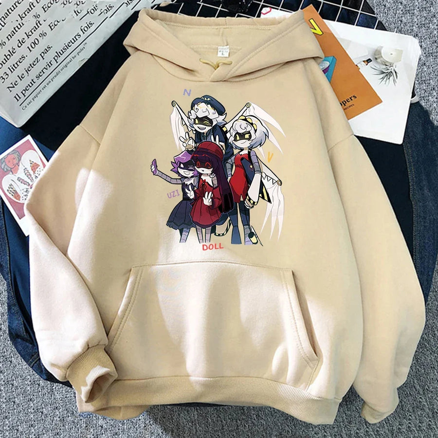 Felpa con cappuccio unisex con stampa anime, tasca a marsupio e coulisse