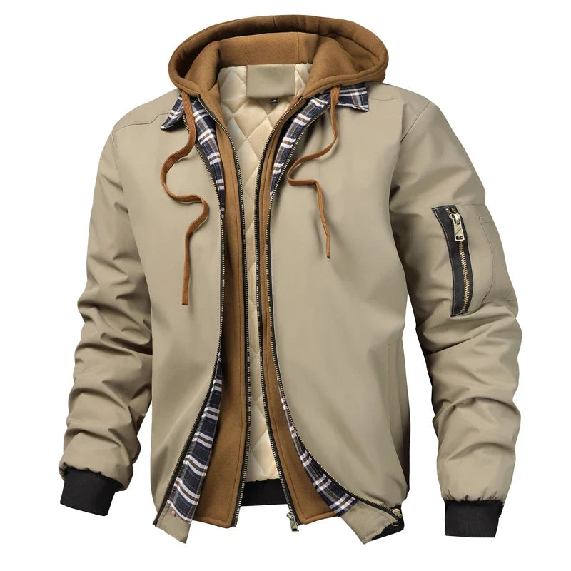 Herren-Bomberjacke mit abnehmbarer Kapuze und kontrastierendem Futter