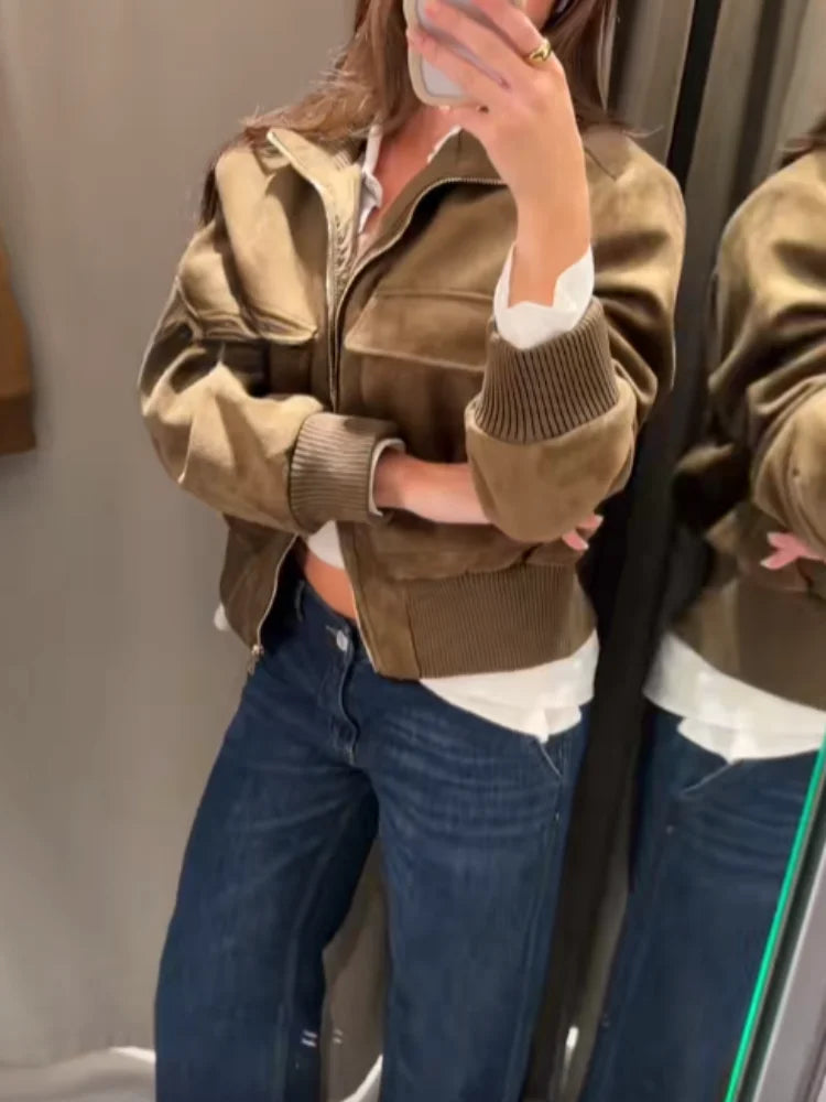 Blouson Bomber Femme Courte Effet Daim Kaki avec Fermeture Éclair et Poches