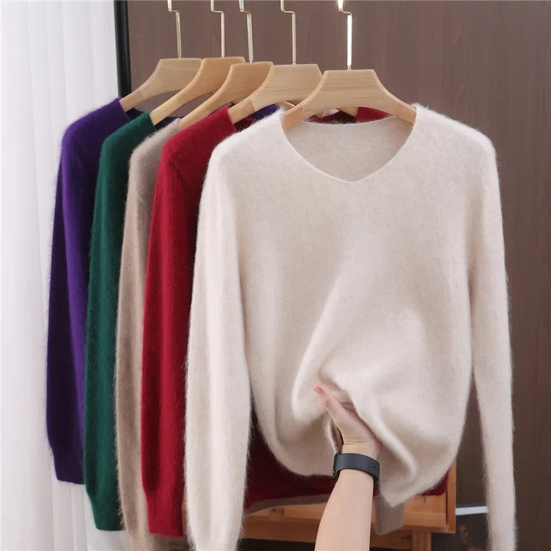 Maglione donna confortevole a collo a V, con maniche lunghe, in materiale morbido