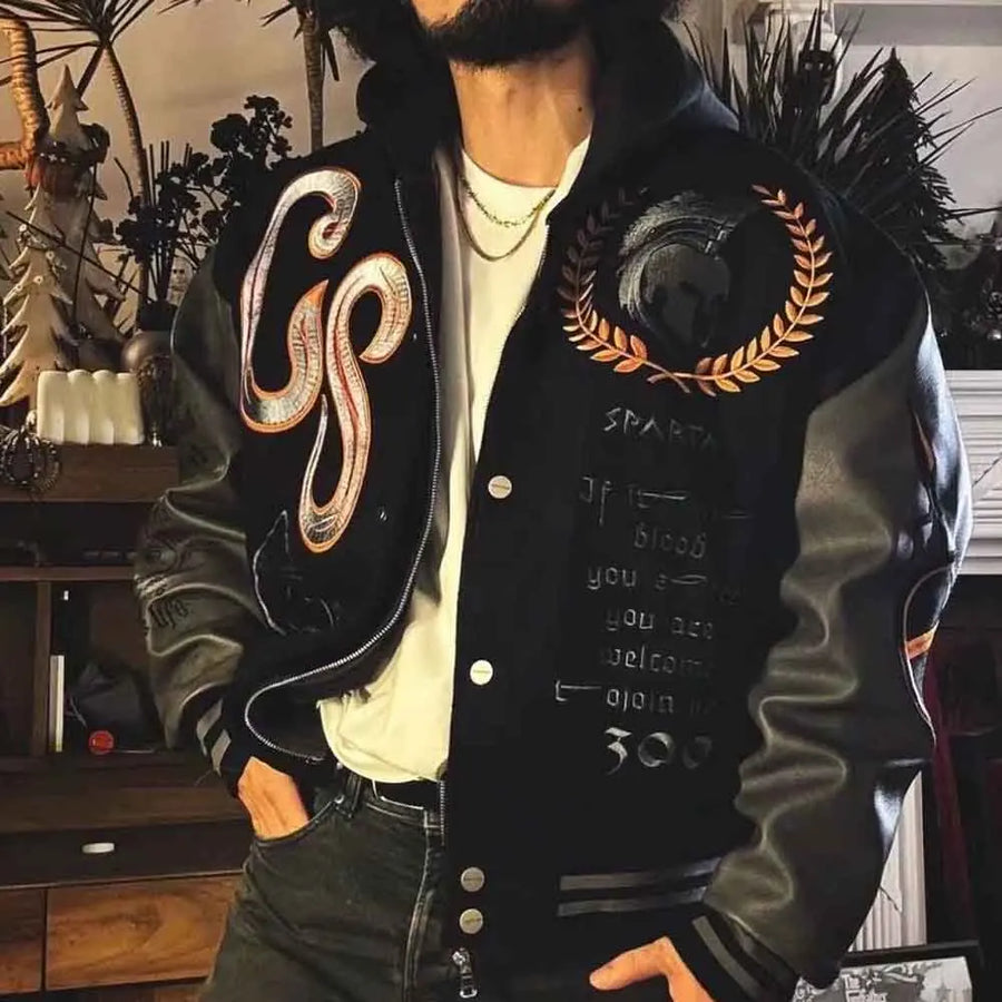 Men's two-tone bomber jacket with assorted prints and contrasting sleeves