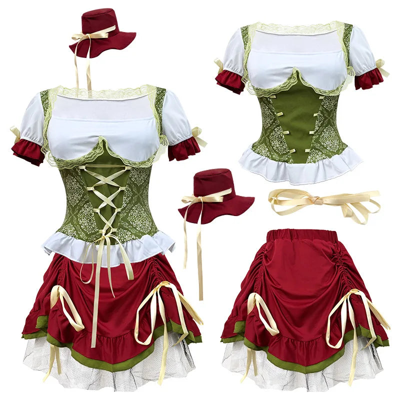 Déguisement Dirndl Femme Rouge Vert Blanc avec Jupe Courte Corset et Chapeau
