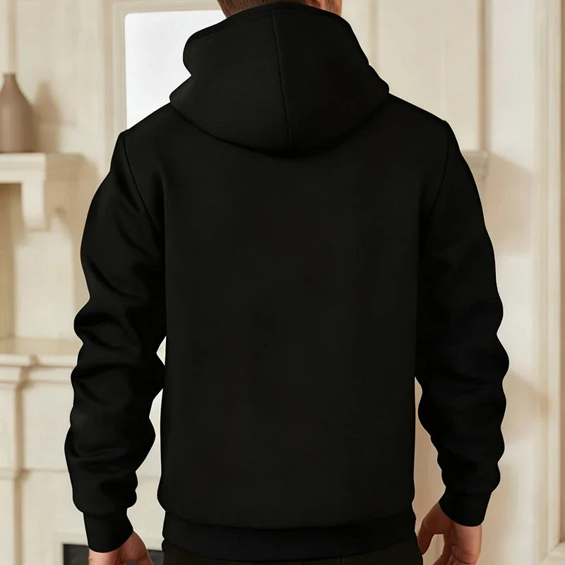 Men's thick, warm black fleece-lined zip-up hoodie