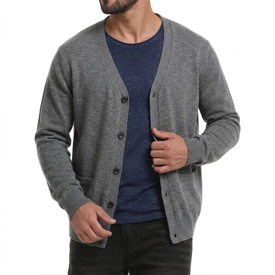 Cardigan da uomo con scollo a V, bottoni, lavorazione a maglia tinta unita, maniche lunghe e tasche