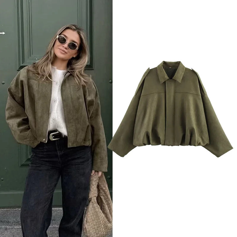 Veste courte style aviateur femme kaki col classique manches longues