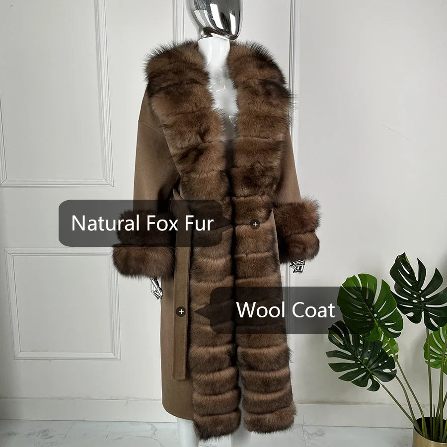 Manteau long femme marron avec col et poignets effet fourrure