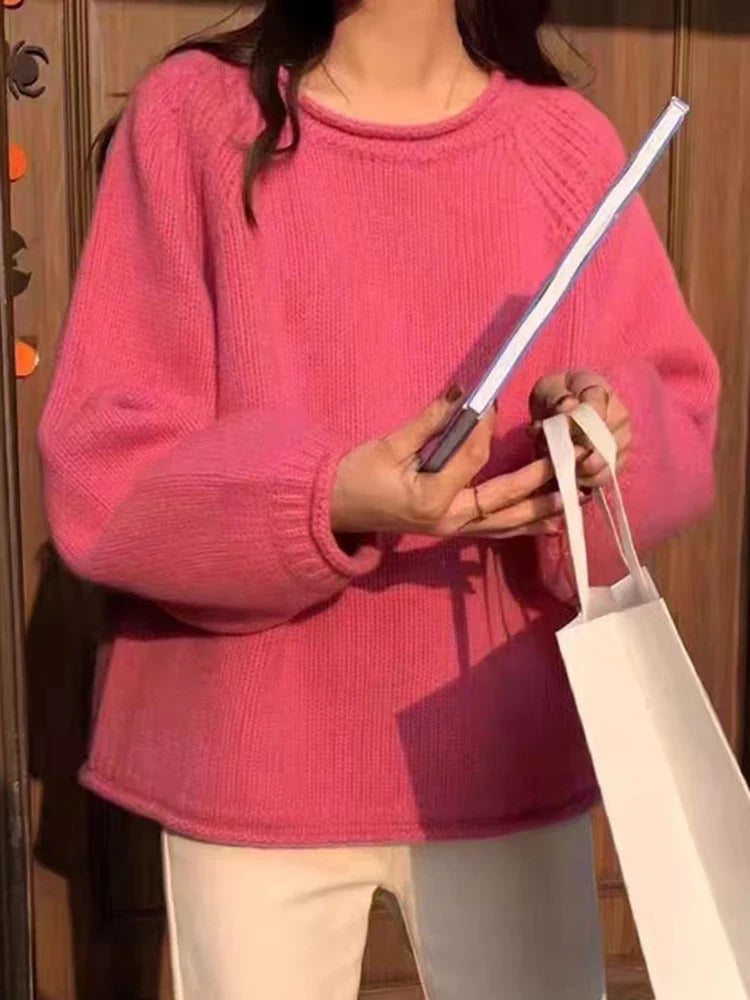 Pull ample à manches raglan et col rond en maille côtelée pour femme