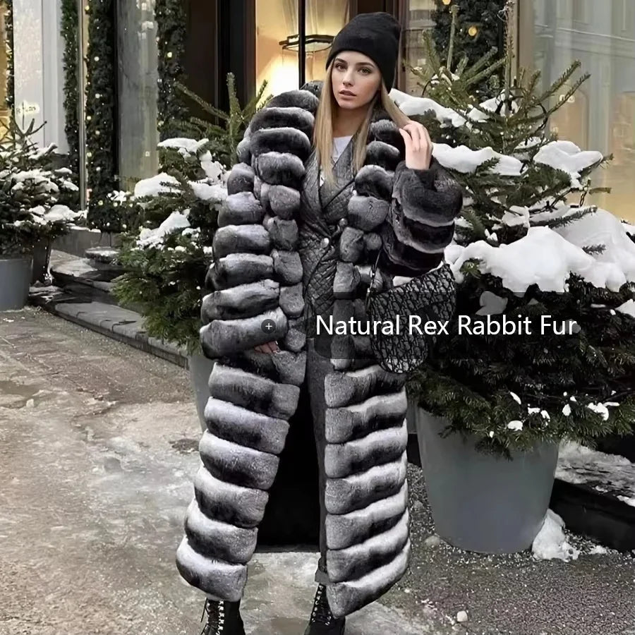 Thick, warm black-and-white striped faux-fur long coat for women