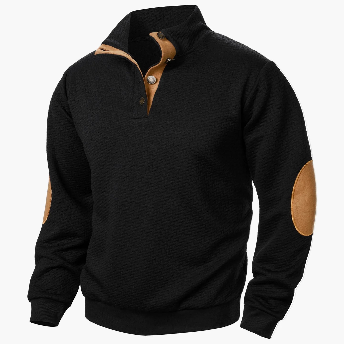 Sweat-shirt homme style décontracté à col montant avec coudières et boutons – Idéal pour un look élégant au quotidien