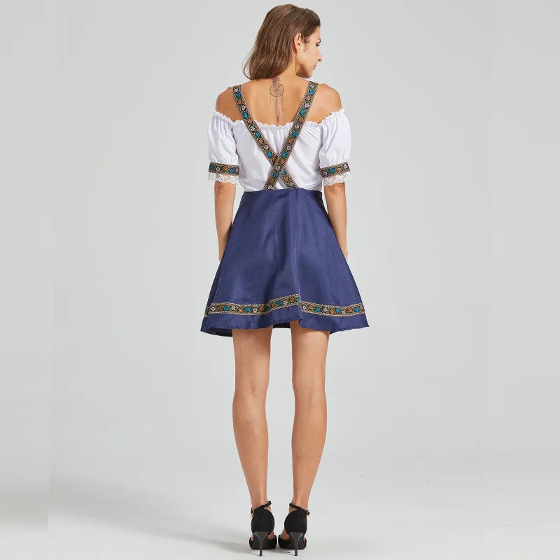 Bayersk dirndl-kjole til kvinder med bare skuldre, nederdel med stropper, broderi, hvid og marineblå