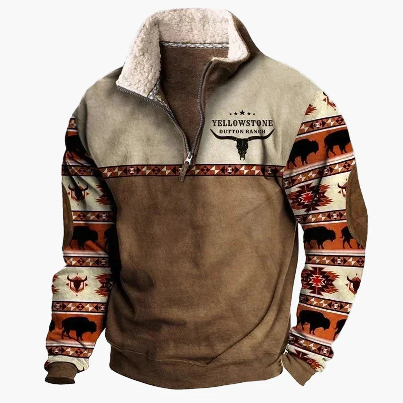 Sweat-shirt polaire homme style western à col zippé – Motifs ethniques et bisons