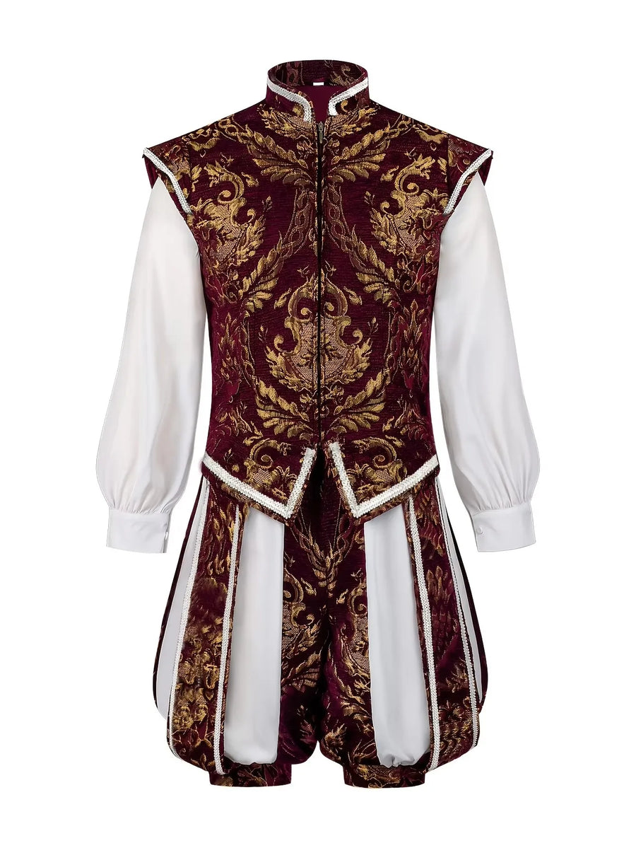 Costume storico da uomo bordeaux e oro con motivo broccato, gilet senza maniche, calzoni e basco