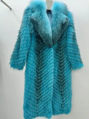 Manteau long pour femme en fausse fourrure à motif chevrons et col large