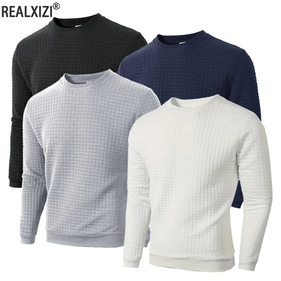 Maglione da uomo a girocollo e maniche lunghe, con texture a quadri trapuntati blu navy