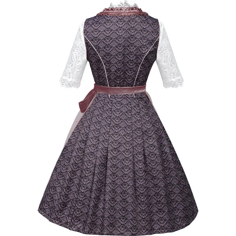 Traditionel dirndl-kjole til kvinder i rosa og grå med blonde og korte ærmer