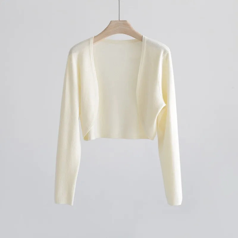 Gilet bolero corto da donna, leggero, tinta unita, aperto, a maniche lunghe