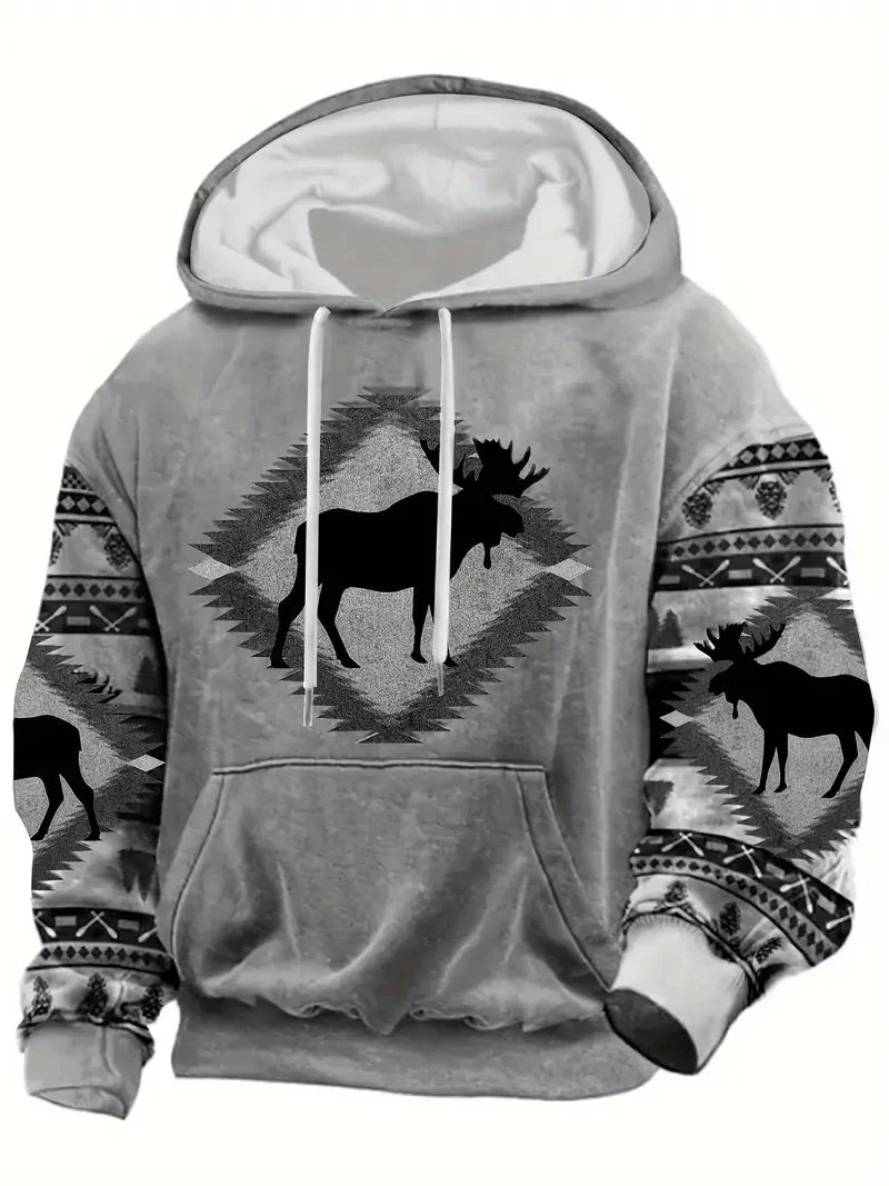 Sweat à Capuche Homme Motif Crâne de Taureau Tribal Vert Kaki