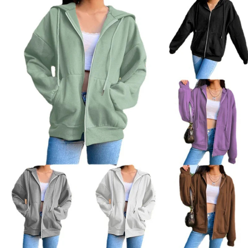 Ledig oversized sweatshirtjacka med dragkedja och huva för kvinnor, med fickor