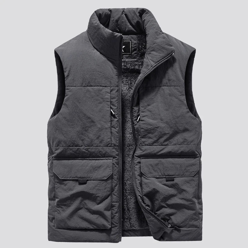 Gilet Doudoune Homme Chaud Col Montant Poches à Rabat Beige