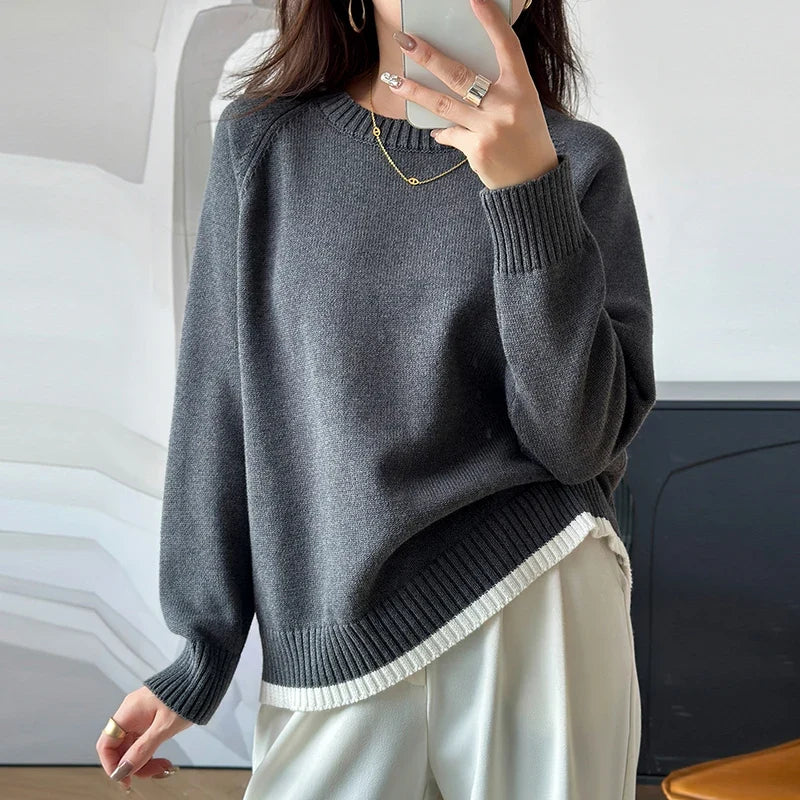 Pull femme col rond manches longues couleur unie ourlet contrastant tricot doux