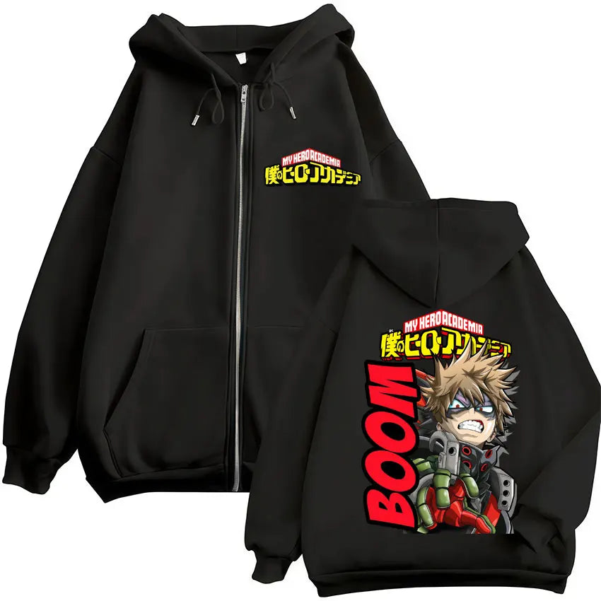 Sweat à capuche zippé imprimé motif fantaisie avec poches kangourou