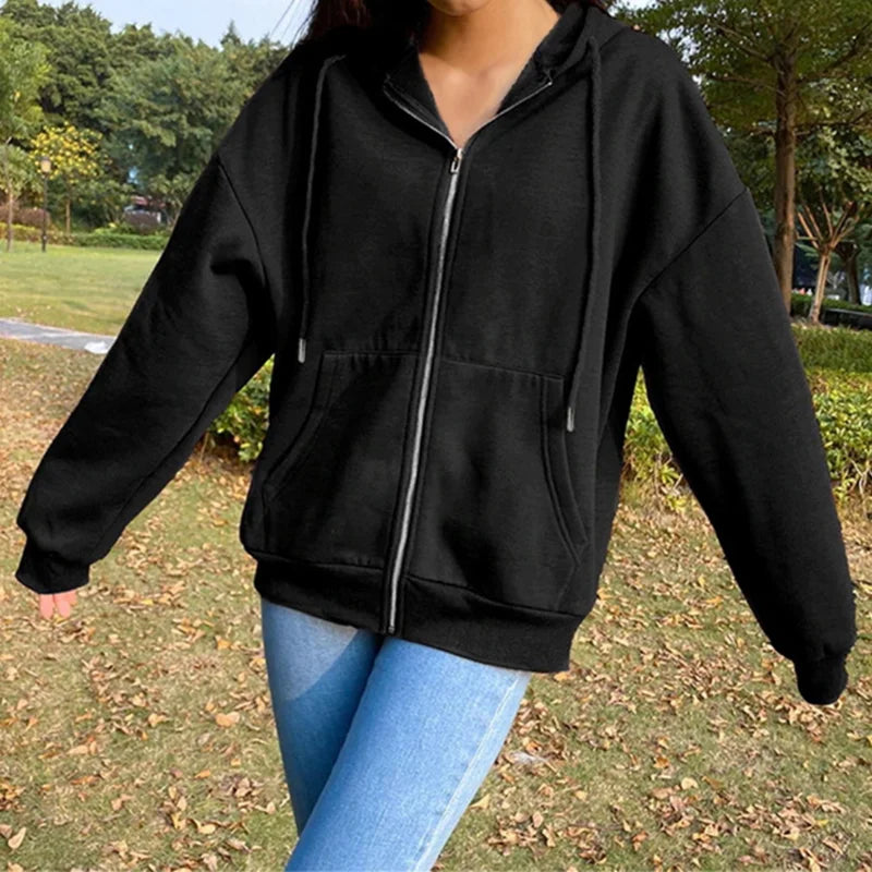 Ledig oversized sweatshirtjacka med dragkedja och huva för kvinnor, med fickor