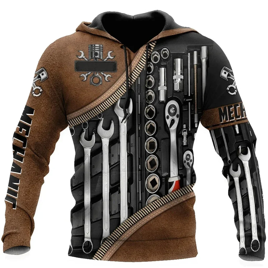 Sweat à Capuche Homme Imprimé Mécanicien Moteur Engrenages Outils