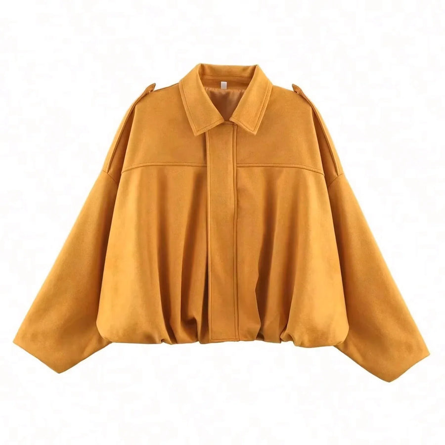 Cazadora corta de aviador de mujer de color liso, con cuello de solapa y mangas amplias