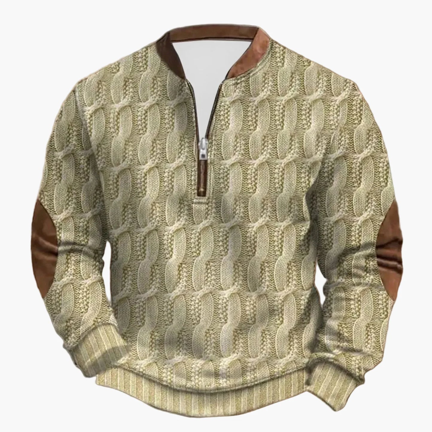 Casual herrsweatshirt med halv dragkedja i outdoor-stil med dekorativa armbågslappar