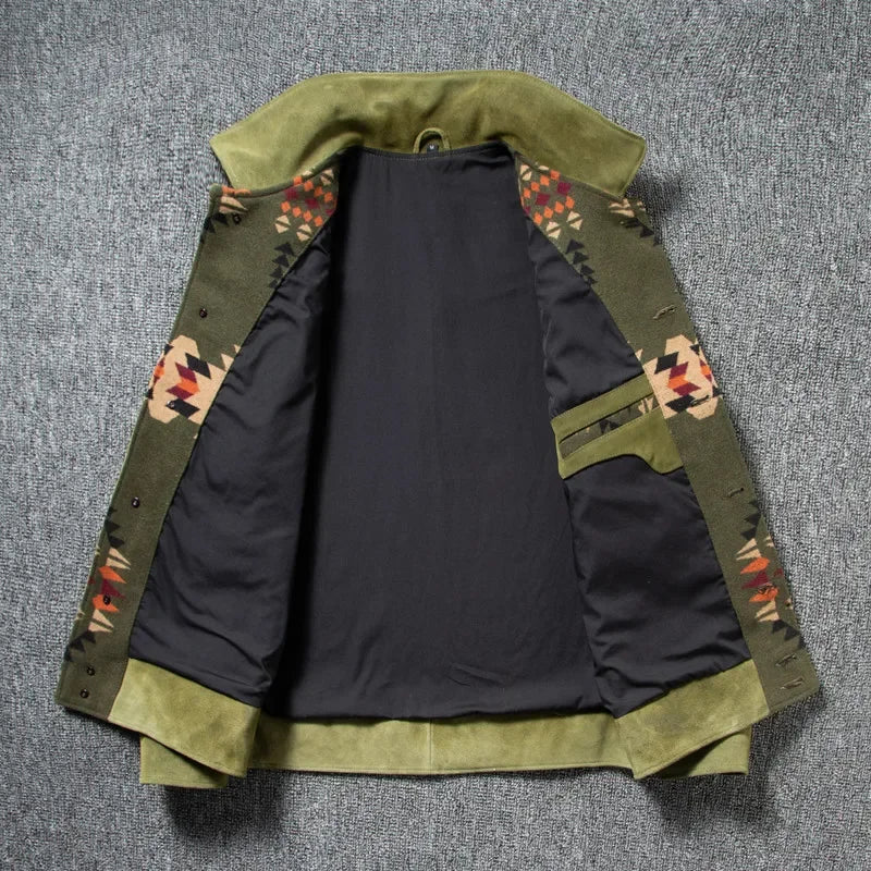 Veste Homme Patchwork Motifs Géométriques Col Chemise Boutons Style Western Beige