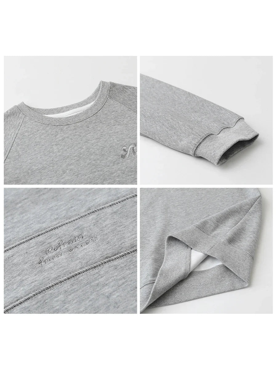 Sweatshirt Femme Col Rond Bleu Clair Manches Longues Brodées