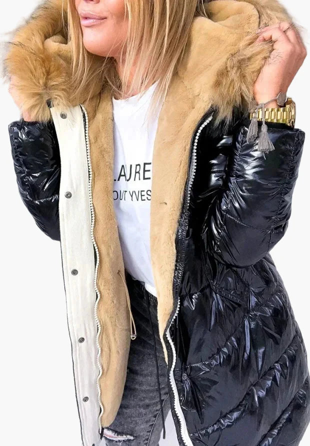 Abrigo de invierno grueso estilo europeo y americano para mujer – Capucha con piel, corte largo, look moderno