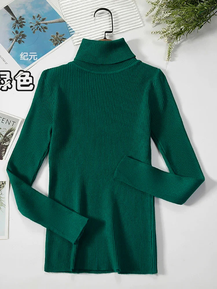 Damen-Rollkragenpullover aus Rippstrick mit langen Ärmeln, einfarbig
