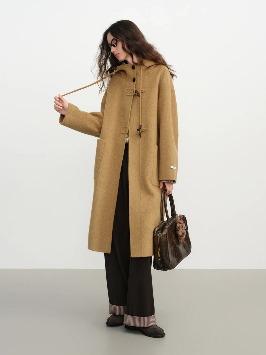Women's Long Hooded Duffle Coat with Toggle Fastenings and Patch Pockets
