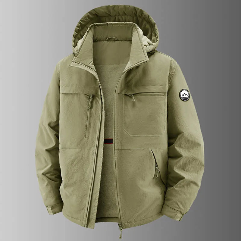 Men's lined hooded jacket with multiple pockets, zip closure, and sleeve badge