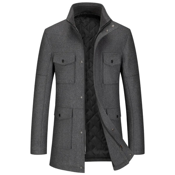 Manteau Homme Mi-long Matelassé Gris avec Col Montant et Poches à Rabat