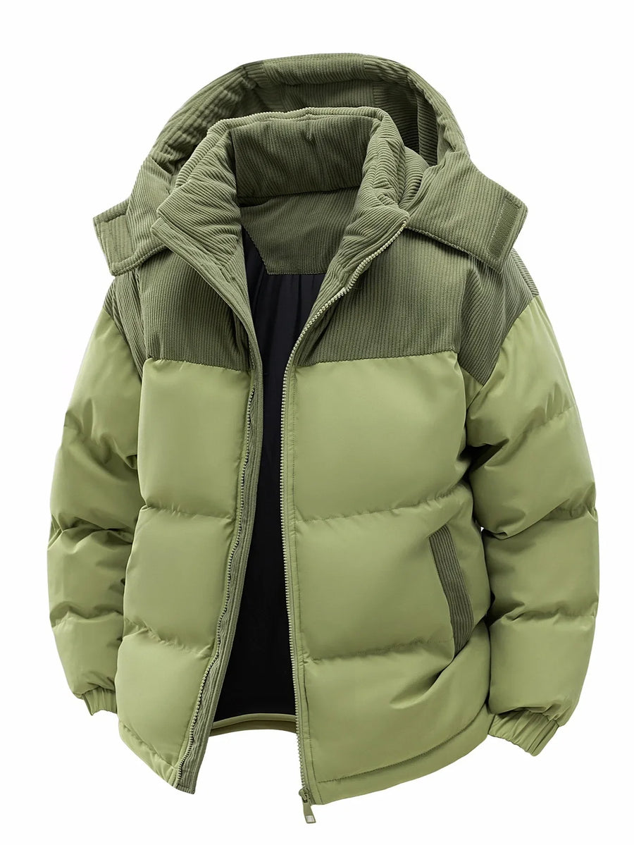 Black two-tone quilted hooded puffer jacket with corduroy-style design