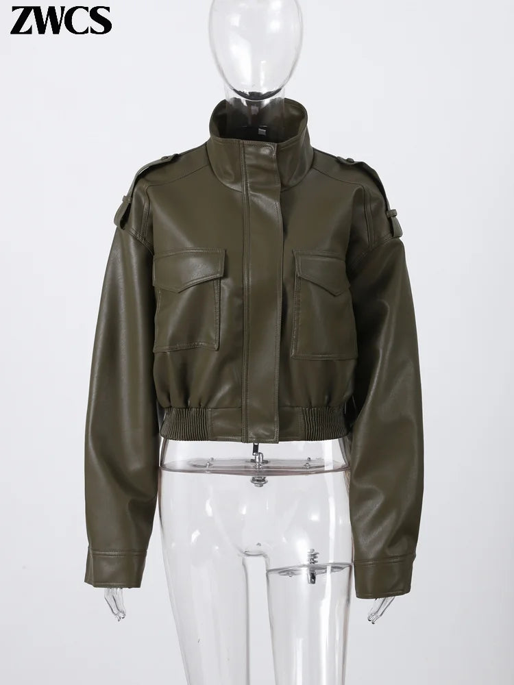 Women's cropped bomber jacket in soft fabric, military green, zip closure