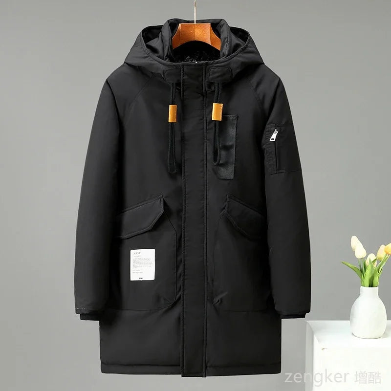 Parka larga acolchada informal con capucha, bolsillos con cremallera y solapa, para hombre