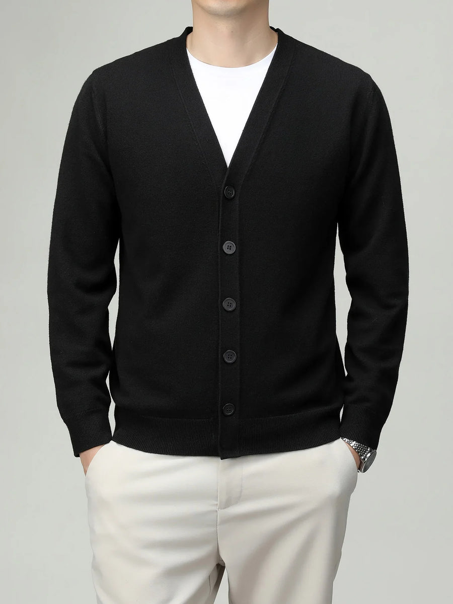 Chaleco cardigan ligero de color liso para hombre con cuello de pico, botones y mangas largas