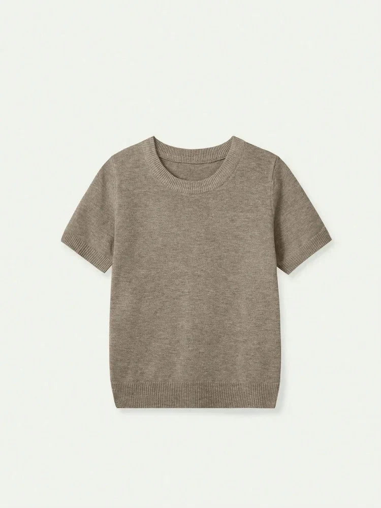 Women's solid-color short-sleeve crew-neck knitted T-shirt