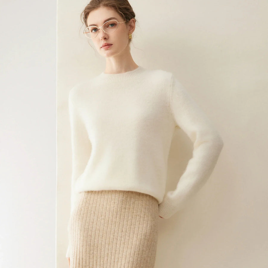 Pull en maille ras du cou manches longues femme - Blanc cassé