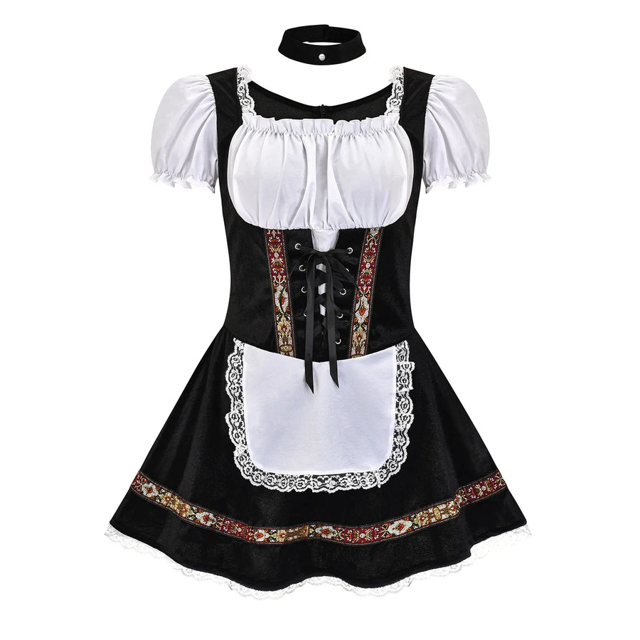 Robe Dirndl Courte Femme avec Tablier et Col Ras-du-Cou Rouge Vin