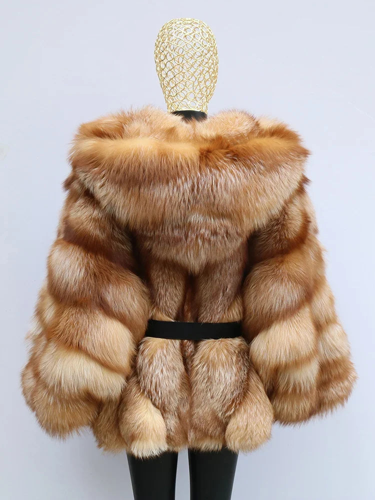 Cappotto caldo da donna con cappuccio in pelliccia sintetica, maniche lunghe e motivo a chevron