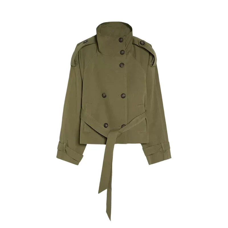 Kurze zweireihige Damenjacke mit Stehkragen und Gürtel