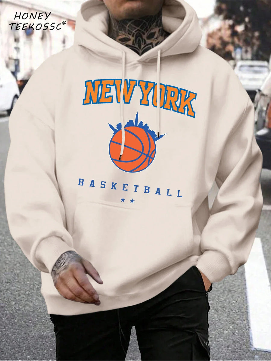 Unisex hættetrøje med New York Brooklyn-basketballprint og kængurulomme