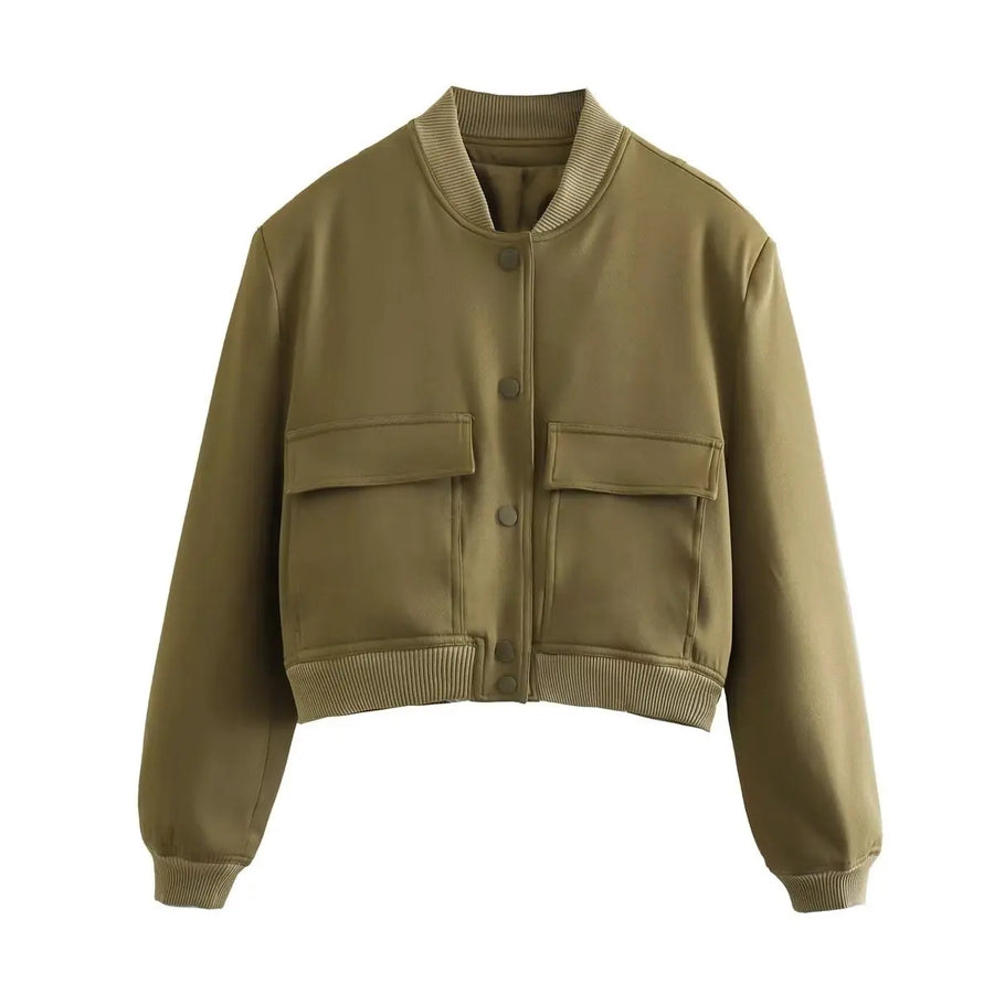 Kurze Damen-Bomberjacke mit Knopfleiste, Baseballkragen und aufgesetzten Taschen
